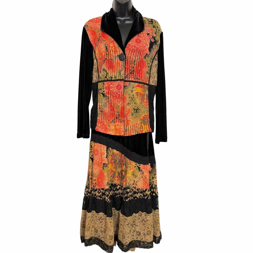 Vtg 90s Coldwater Creek Velvet Patchwork Skirt Suit Set Lace Art To Wear S PM